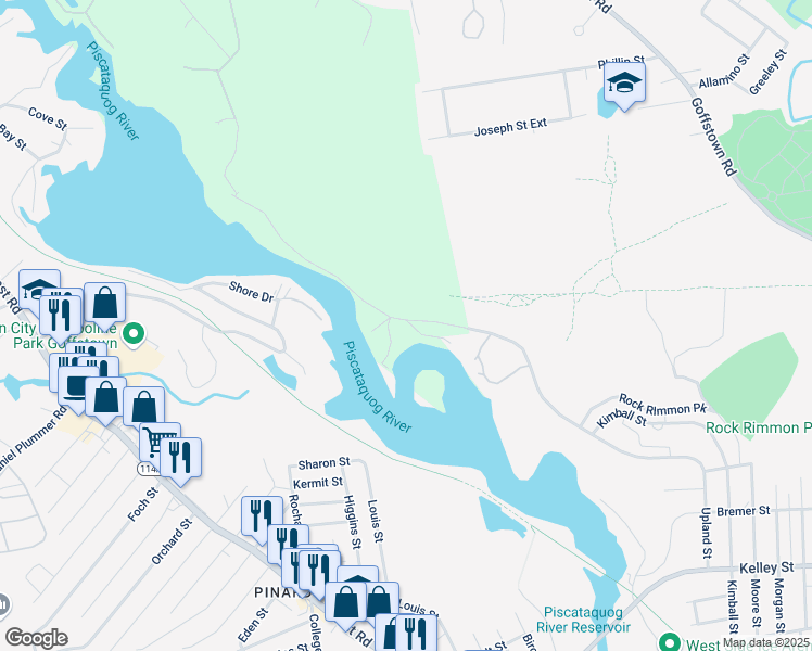 map of restaurants, bars, coffee shops, grocery stores, and more near 23 Riverview Park Road in Goffstown