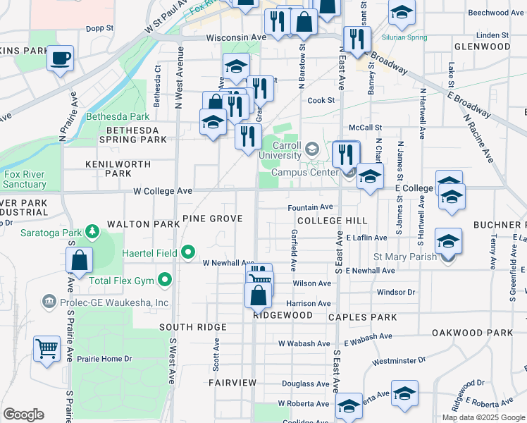 map of restaurants, bars, coffee shops, grocery stores, and more near 127 South Grand Avenue in Waukesha