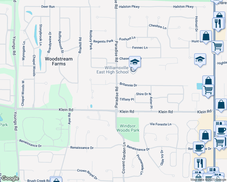 map of restaurants, bars, coffee shops, grocery stores, and more near 64 Paradise Road in East Amherst