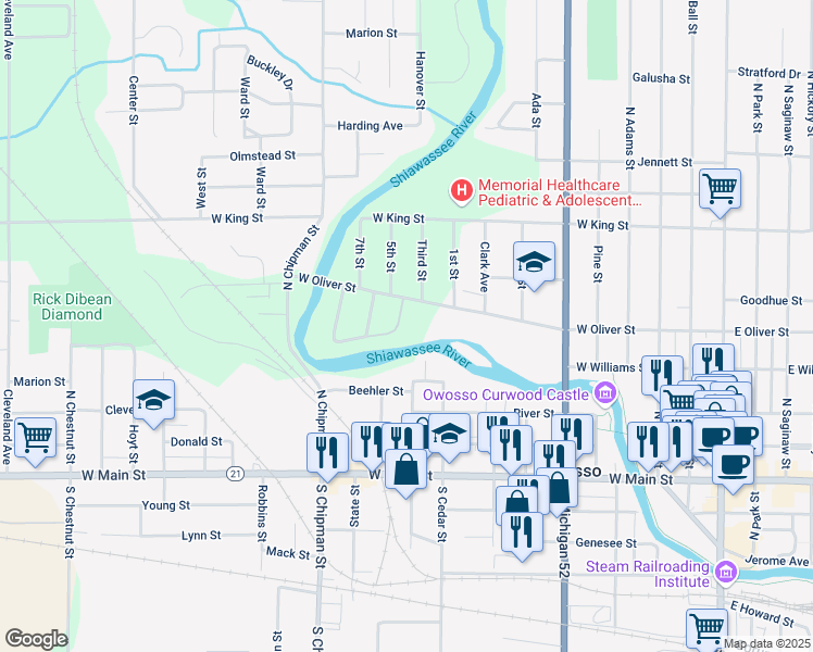 map of restaurants, bars, coffee shops, grocery stores, and more near 905 West Oliver Street in Owosso