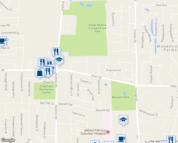 map of restaurants, bars, coffee shops, grocery stores, and more near 11 Kingswaye Drive in Buffalo
