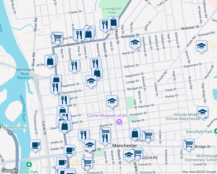 map of restaurants, bars, coffee shops, grocery stores, and more near 768 Beech Street in Manchester