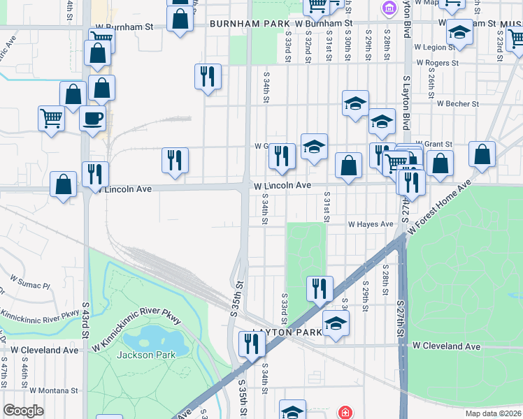 map of restaurants, bars, coffee shops, grocery stores, and more near 2347 South 34th Street in Milwaukee