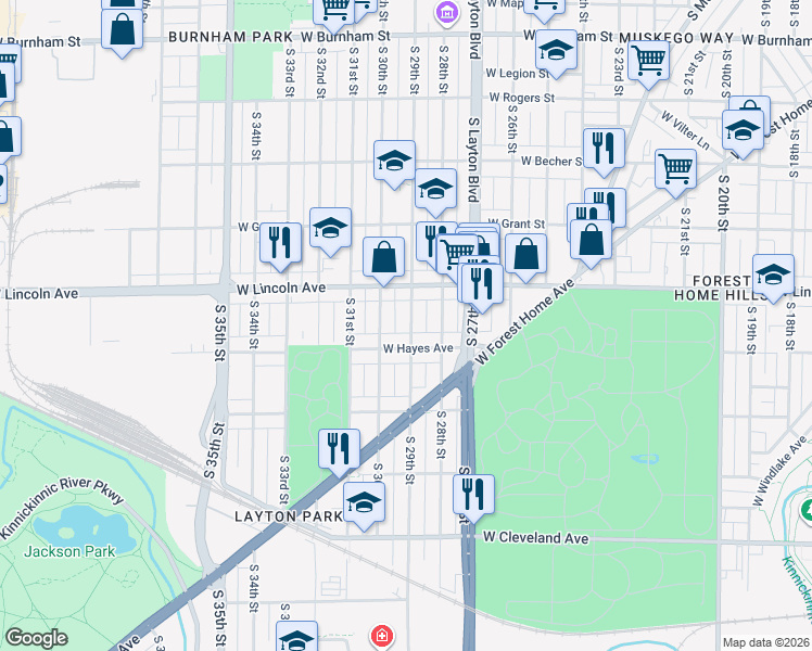 map of restaurants, bars, coffee shops, grocery stores, and more near 2351 South 29th Street in Milwaukee