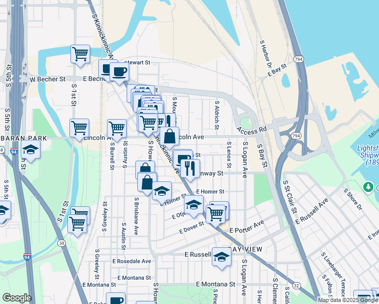 map of restaurants, bars, coffee shops, grocery stores, and more near 602 East Linus Street in Milwaukee