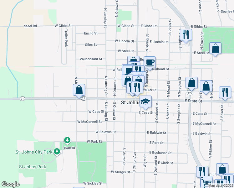 map of restaurants, bars, coffee shops, grocery stores, and more near 104 North Ottawa Street in Saint Johns