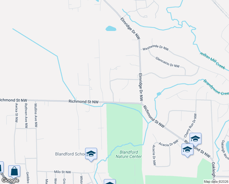 map of restaurants, bars, coffee shops, grocery stores, and more near 2028 Meadowdale Drive Northwest in Grand Rapids