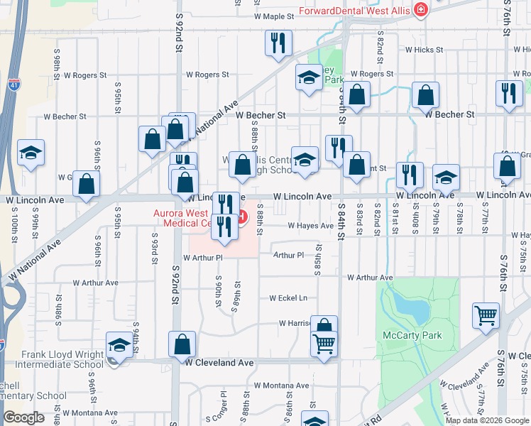 map of restaurants, bars, coffee shops, grocery stores, and more near 2330 South 88th Street in West Allis