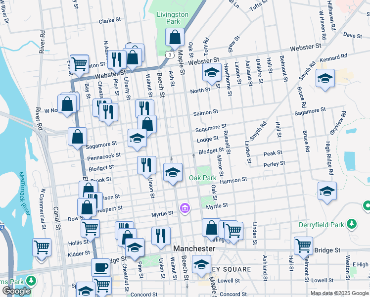 map of restaurants, bars, coffee shops, grocery stores, and more near 259 Ash Street in Manchester