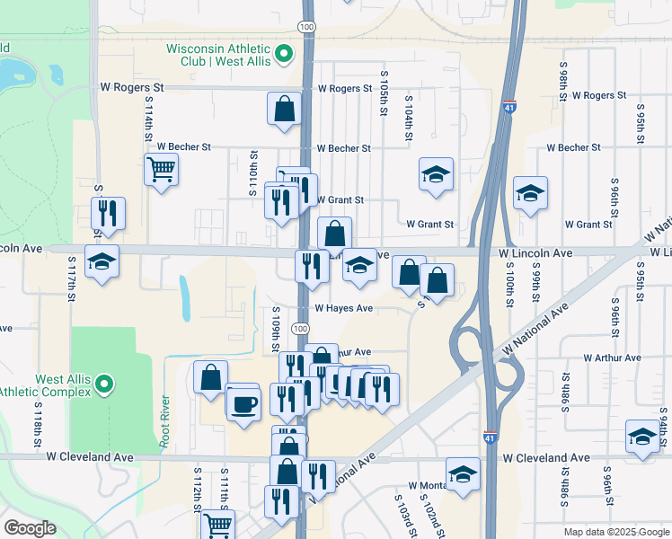 map of restaurants, bars, coffee shops, grocery stores, and more near 2320 South 107th Street in West Allis