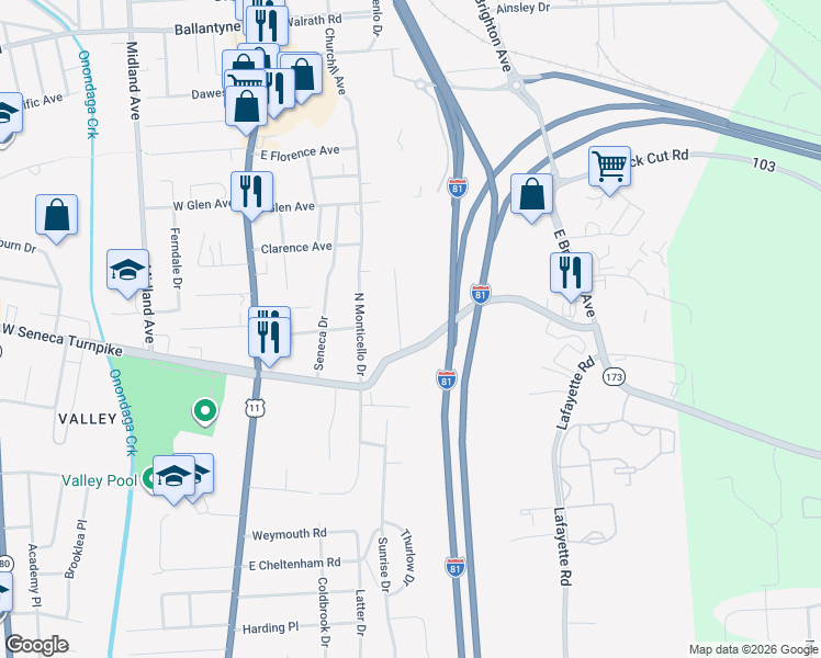 map of restaurants, bars, coffee shops, grocery stores, and more near 106 Maywood Dr in Syracuse