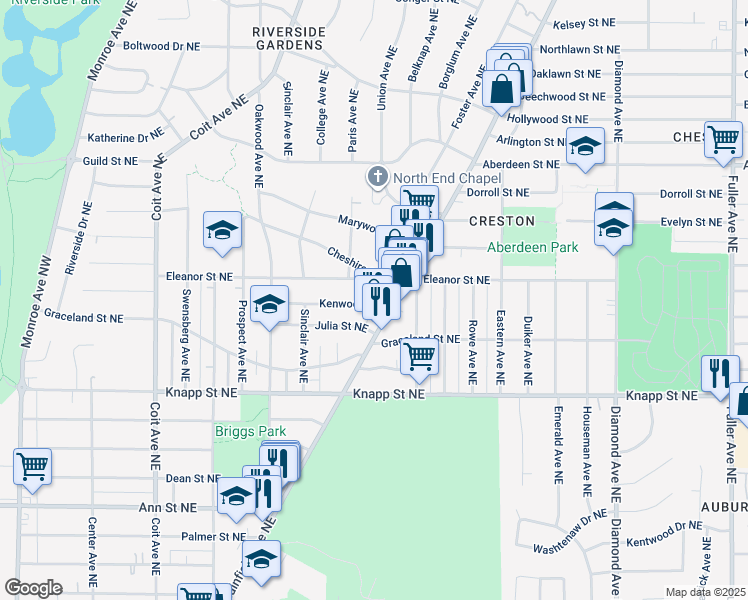 map of restaurants, bars, coffee shops, grocery stores, and more near 527 Kenwood Northeast in Grand Rapids