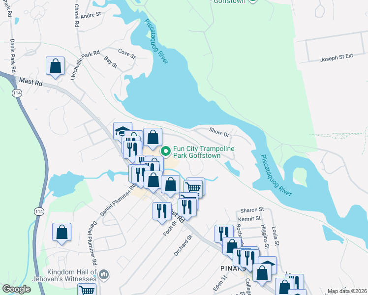 map of restaurants, bars, coffee shops, grocery stores, and more near 58 Moose Club Park Road in Goffstown