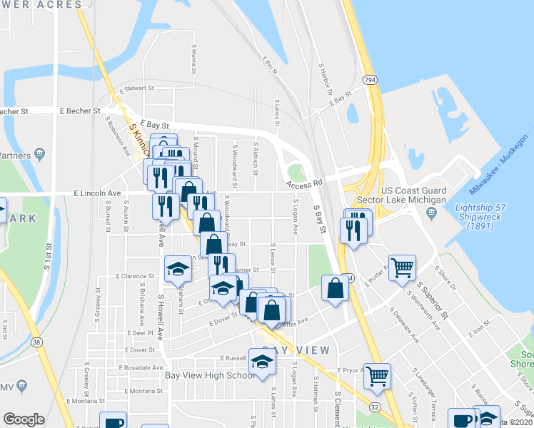 map of restaurants, bars, coffee shops, grocery stores, and more near 832 East Linus Street in Milwaukee
