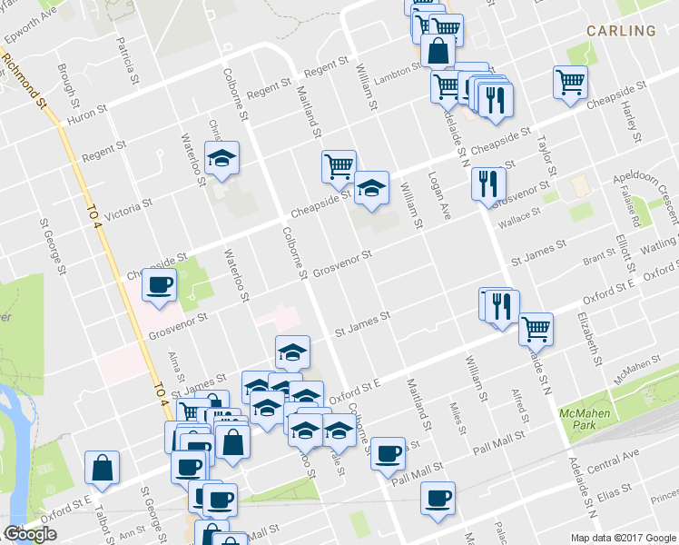 map of restaurants, bars, coffee shops, grocery stores, and more near 90 Thornton Avenue in London