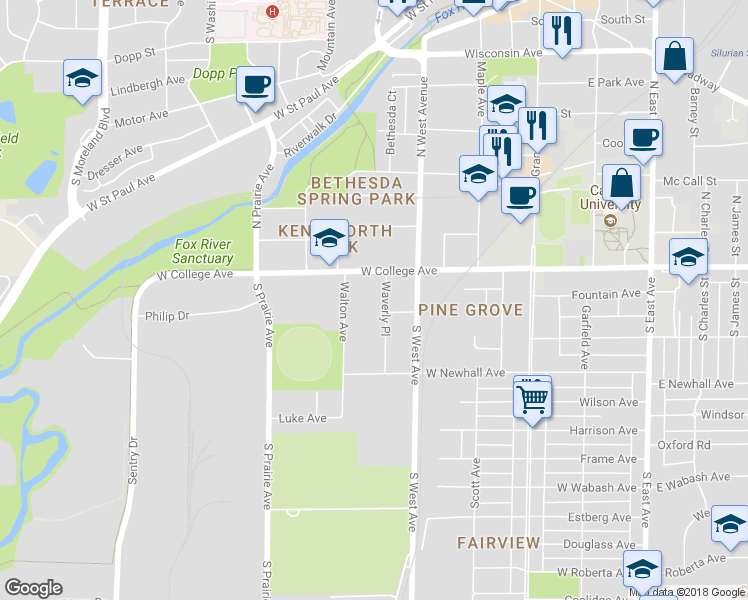 map of restaurants, bars, coffee shops, grocery stores, and more near 124 Waverly Place in Waukesha