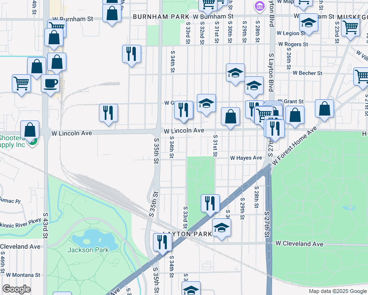 map of restaurants, bars, coffee shops, grocery stores, and more near 2349 South 33rd Street in Milwaukee