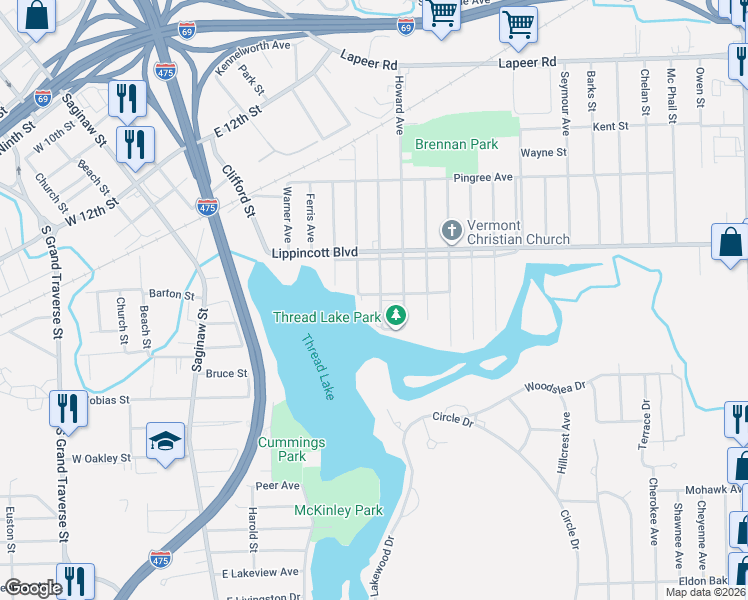 map of restaurants, bars, coffee shops, grocery stores, and more near 2202 Crocker Avenue in Flint