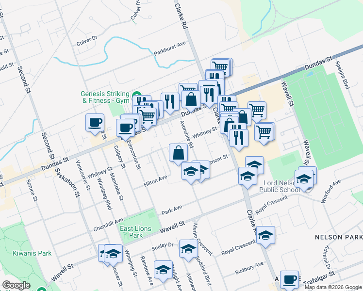 map of restaurants, bars, coffee shops, grocery stores, and more near 1839 Whitney Street in London