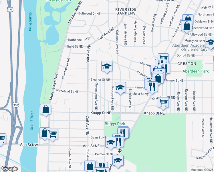 map of restaurants, bars, coffee shops, grocery stores, and more near 2122 Lafayette Avenue Northeast in Grand Rapids