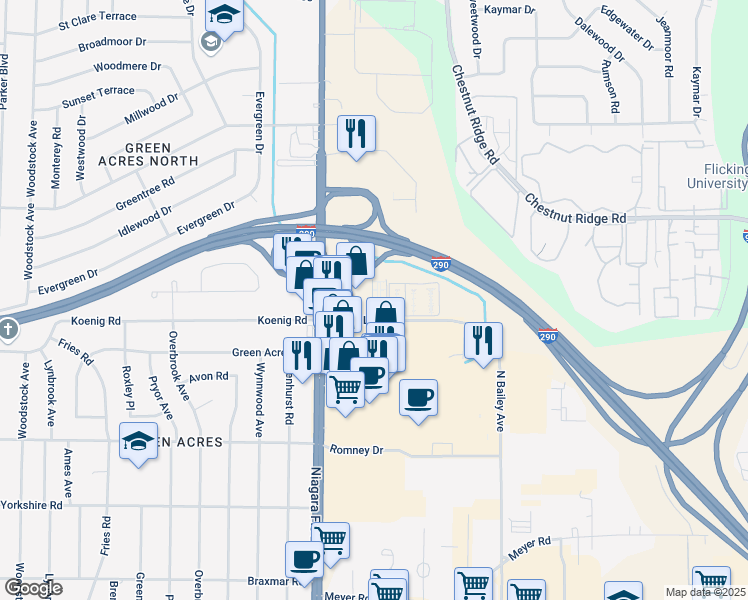 map of restaurants, bars, coffee shops, grocery stores, and more near 3892 Ridge Lea Road in Buffalo