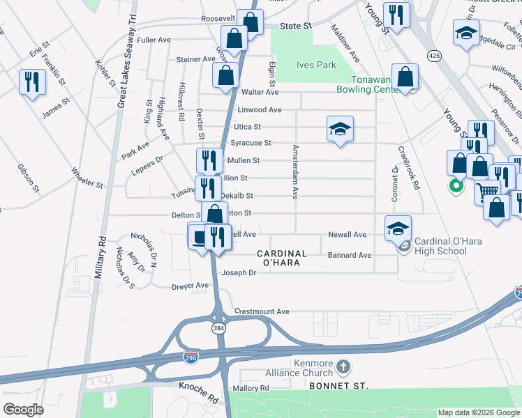 map of restaurants, bars, coffee shops, grocery stores, and more near 95 Canton Street in Tonawanda