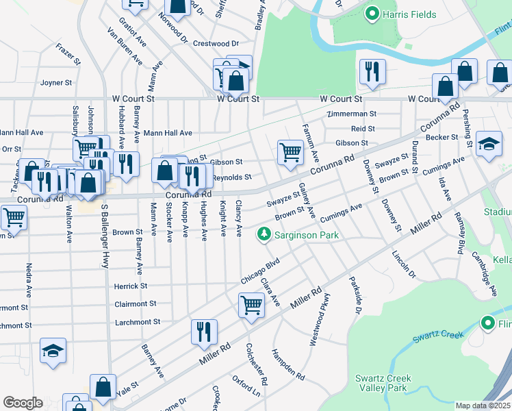 map of restaurants, bars, coffee shops, grocery stores, and more near 2734 Swayze Street in Flint