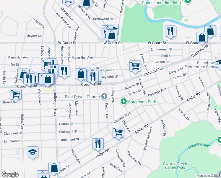 map of restaurants, bars, coffee shops, grocery stores, and more near 1119 Knight Avenue in Flint