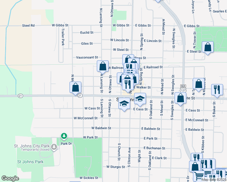 map of restaurants, bars, coffee shops, grocery stores, and more near 104 North Ottawa Street in Saint Johns