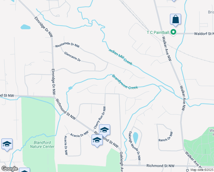 map of restaurants, bars, coffee shops, grocery stores, and more near 2060 Cherry Run Drive Northwest in Grand Rapids
