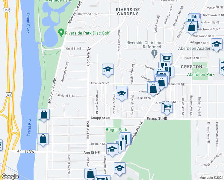 map of restaurants, bars, coffee shops, grocery stores, and more near 2121 Prospect Avenue Northeast in Grand Rapids