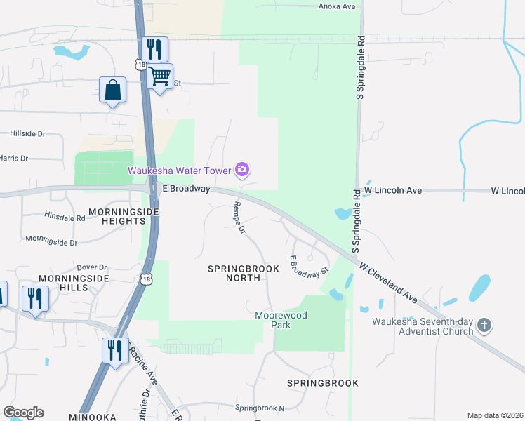 map of restaurants, bars, coffee shops, grocery stores, and more near 2016 Stonehaven Court in Waukesha