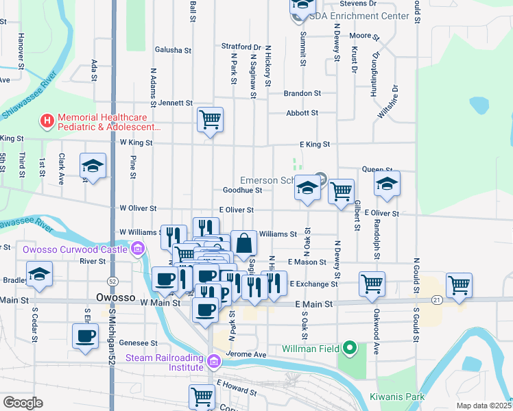 map of restaurants, bars, coffee shops, grocery stores, and more near 522 North Saginaw Street in Owosso