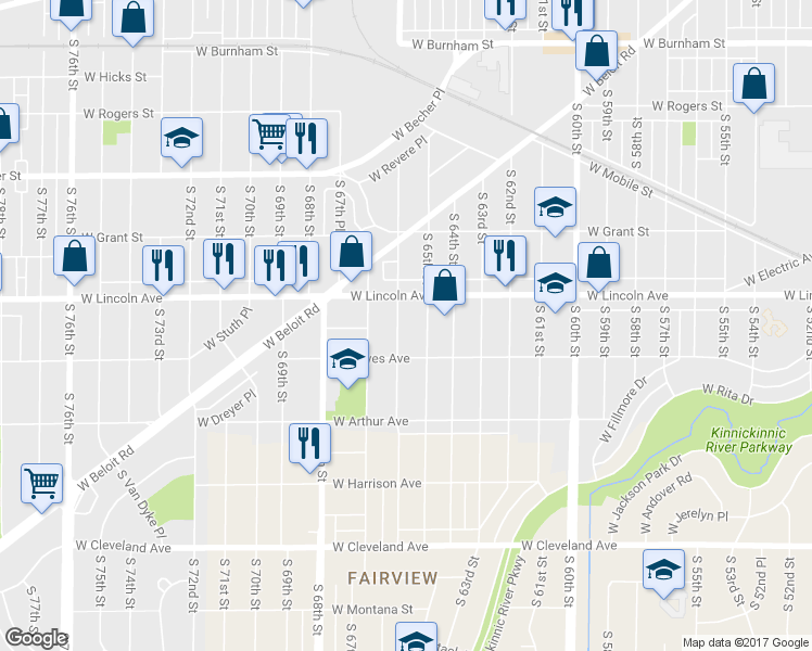 map of restaurants, bars, coffee shops, grocery stores, and more near 2336 South 66th Street in West Allis