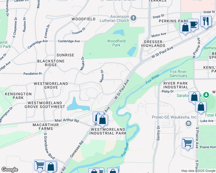 map of restaurants, bars, coffee shops, grocery stores, and more near 1810 Kensington Drive in Waukesha