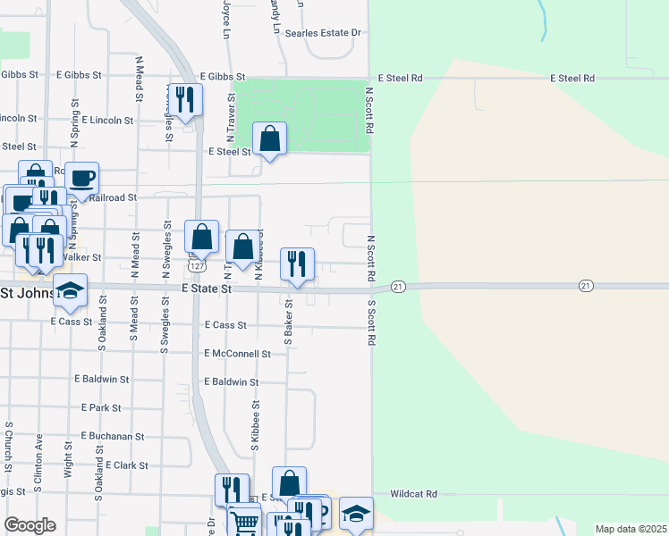 map of restaurants, bars, coffee shops, grocery stores, and more near 1000 East Walker Street in Saint Johns