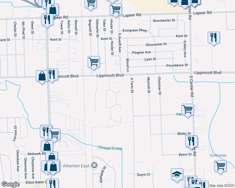 map of restaurants, bars, coffee shops, grocery stores, and more near 2204 Fox Lane in Flint