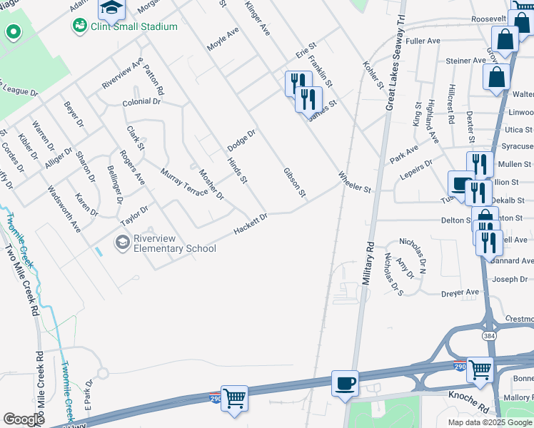 map of restaurants, bars, coffee shops, grocery stores, and more near Hinds St & Hackett Dr in Tonawanda