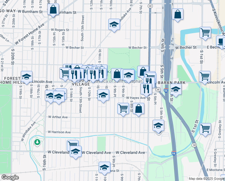 map of restaurants, bars, coffee shops, grocery stores, and more near 2337 South 9th Place in Milwaukee