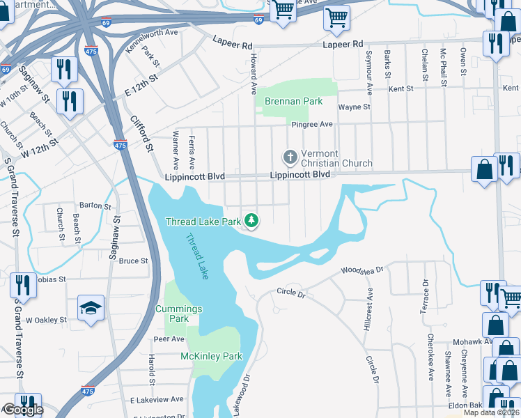 map of restaurants, bars, coffee shops, grocery stores, and more near 2201 Howard Avenue in Flint