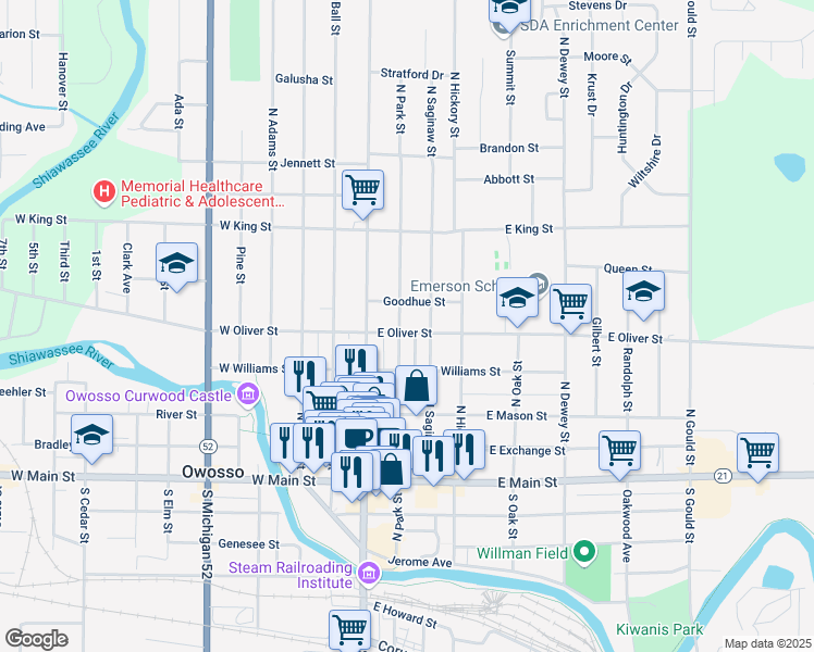 map of restaurants, bars, coffee shops, grocery stores, and more near 205 East Oliver Street in Owosso