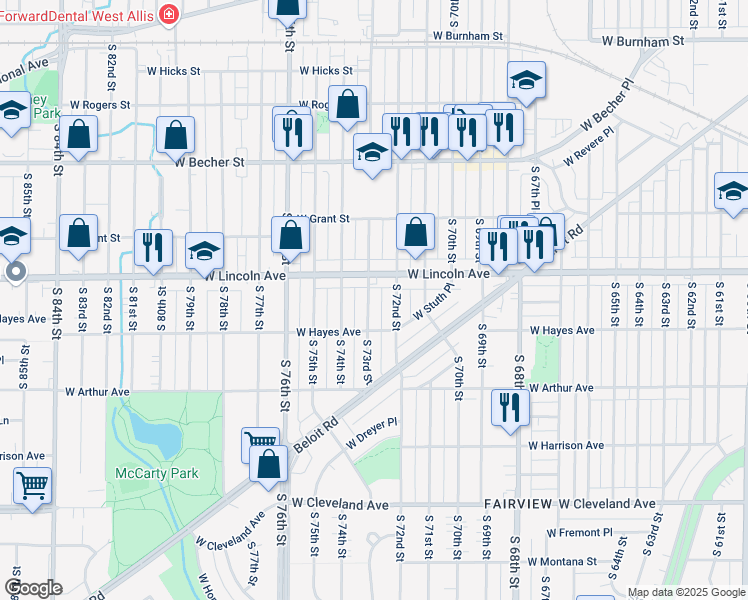 map of restaurants, bars, coffee shops, grocery stores, and more near 2336 South 73rd Street in West Allis
