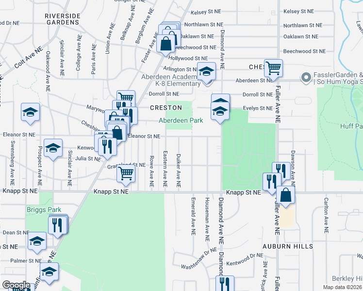 map of restaurants, bars, coffee shops, grocery stores, and more near 2142 Duiker Avenue Northeast in Grand Rapids