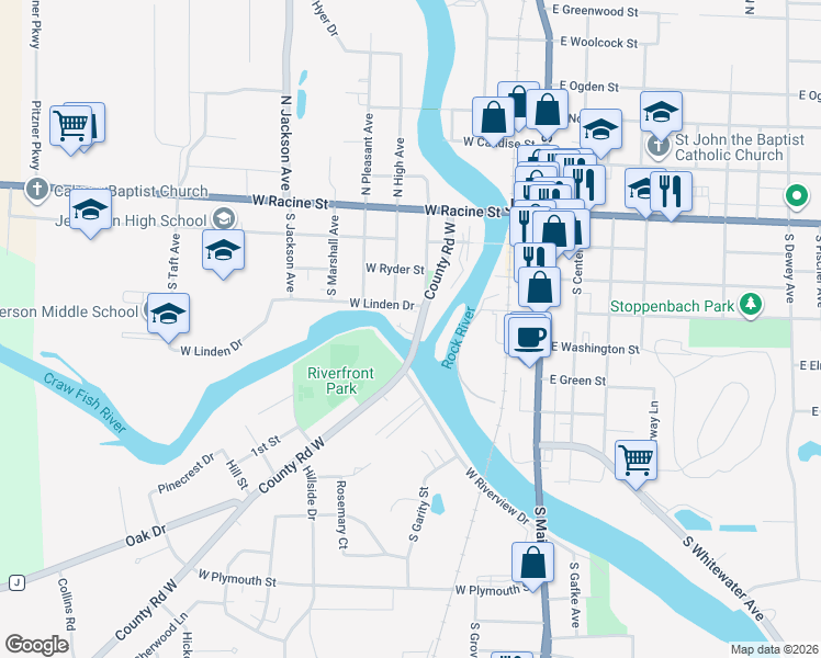 map of restaurants, bars, coffee shops, grocery stores, and more near 411 South Wisconsin Drive in Jefferson