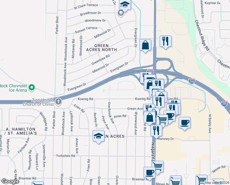 map of restaurants, bars, coffee shops, grocery stores, and more near 45 Sweet Briar Rd in Tonawanda
