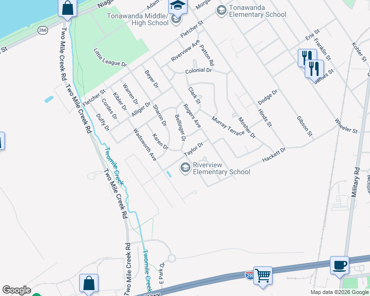 map of restaurants, bars, coffee shops, grocery stores, and more near 83 Bellinger Drive in Tonawanda