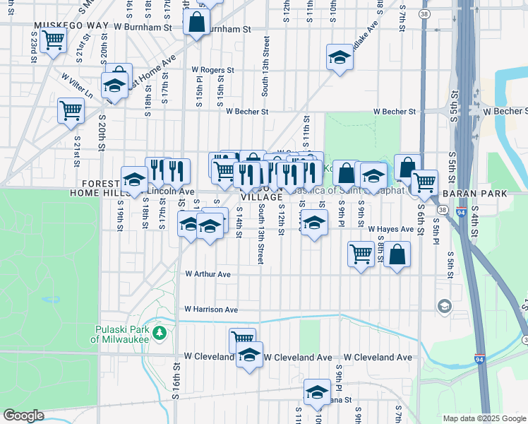 map of restaurants, bars, coffee shops, grocery stores, and more near 2330 South 13th Street in Milwaukee