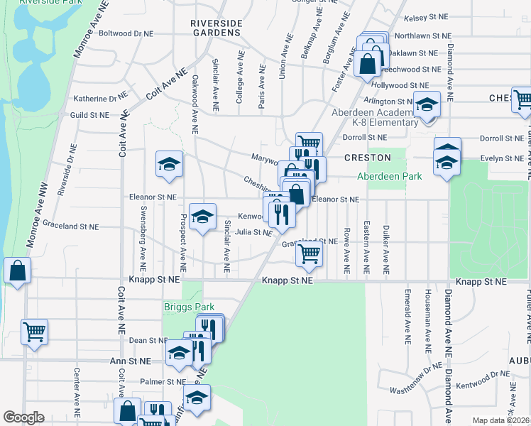 map of restaurants, bars, coffee shops, grocery stores, and more near 509 Kenwood Northeast in Grand Rapids