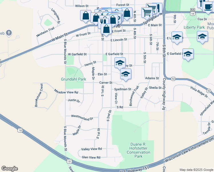 map of restaurants, bars, coffee shops, grocery stores, and more near 602 South 2nd Street in Mount Horeb