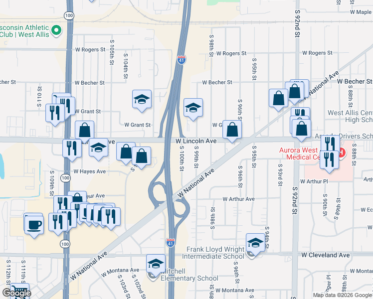 map of restaurants, bars, coffee shops, grocery stores, and more near 2322 South 100th Street in Milwaukee